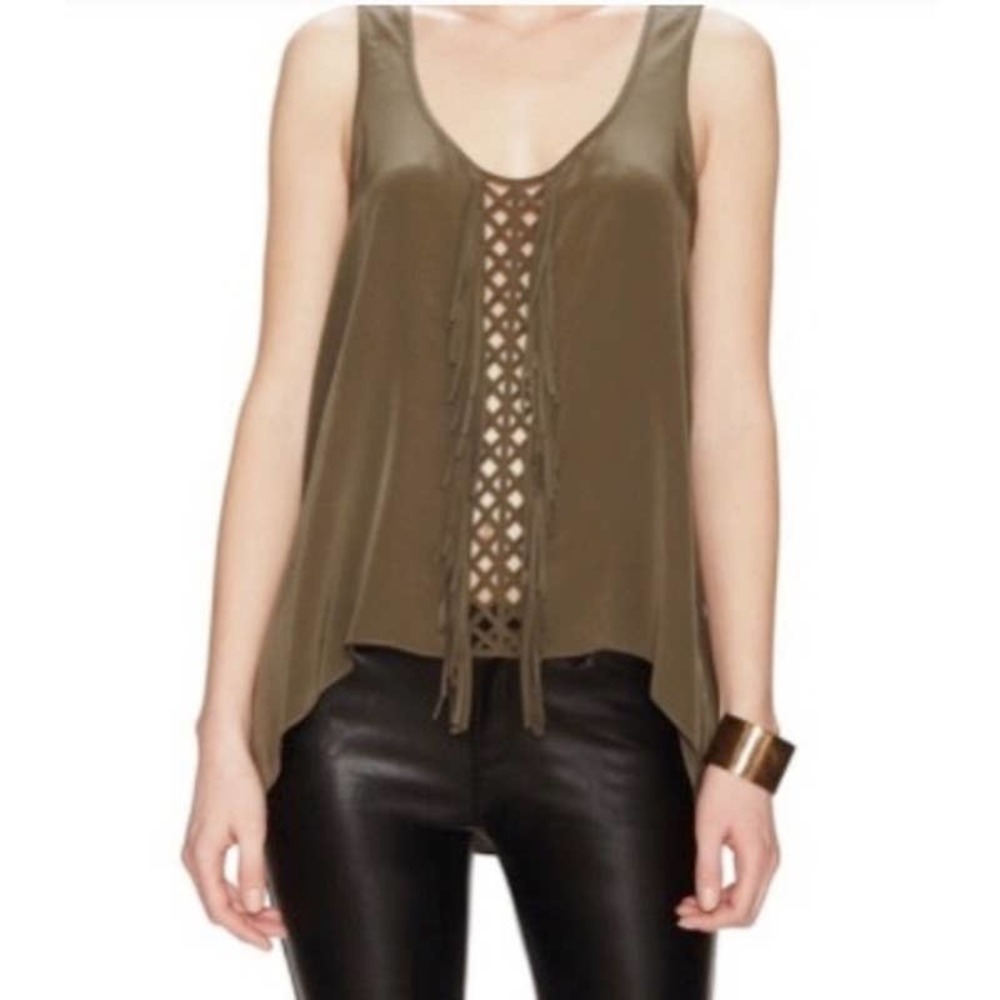 BCBGMaxAzria Mura Top/Tank ~ Dark Green/Olive Fringed 100% Silk ~ Size Small - Picture 1 of 9